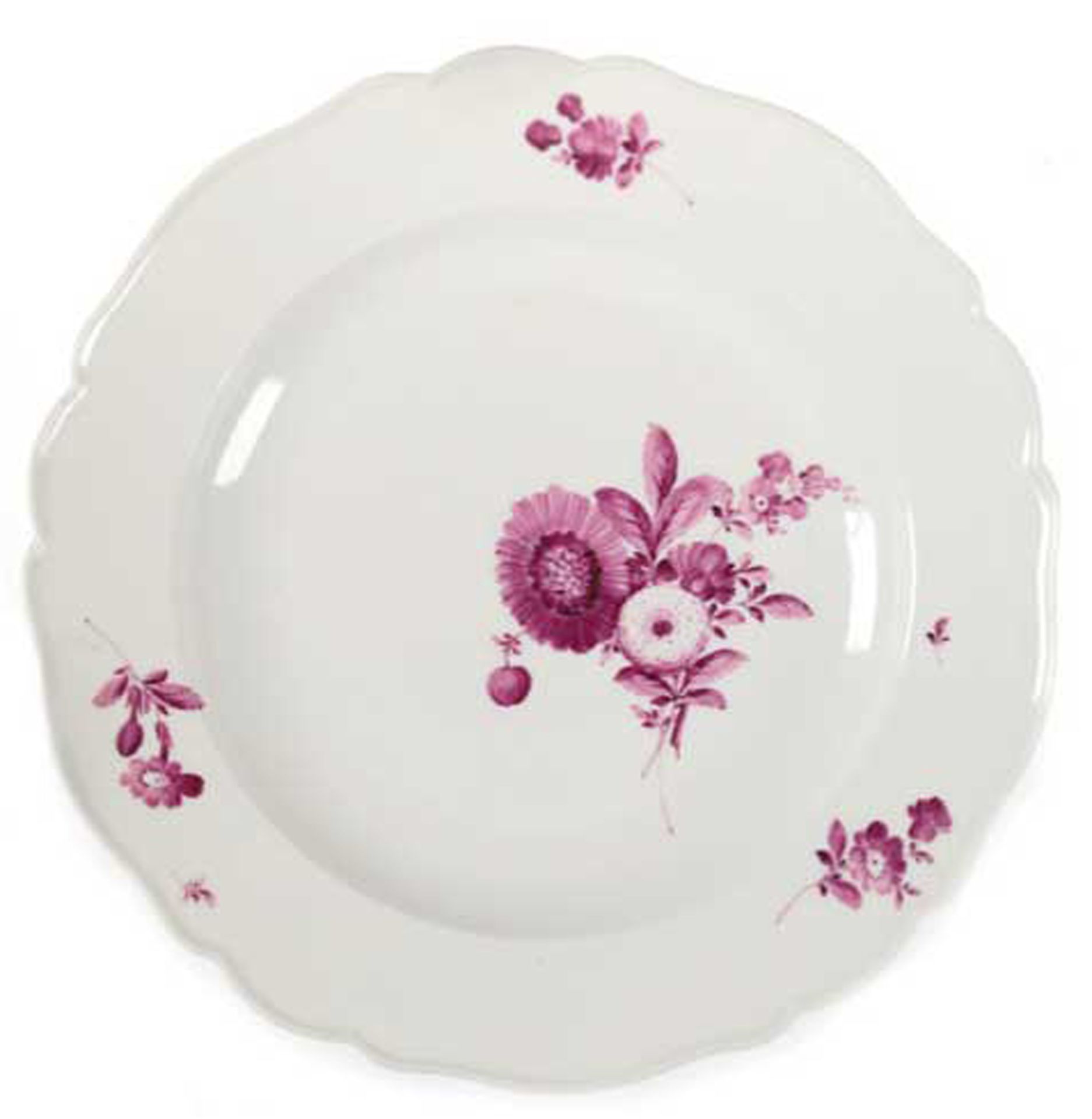 Meissen-Teller, um 1760, Purpurrote Blumenmalerei, Neuer Ausschnitt, Stand min. best., 1. Wahl, Dm.