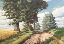 Herrmann, A. "Feldweg mit Bäumen im Sommer", Öl/Lw., sign. u.r., 1x Hinterlegung, 70,5x100,5 cm, Ra