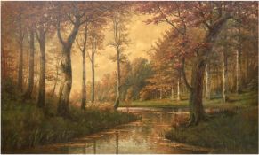 Landschaftsmaler "Waldlandschaft mit Bachlauf", Öl/Lw., unsign., 63x100 cm, Rahmen