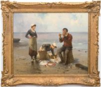 Psalmon, M. (Frankreich Ende 19. Jh.) "Fischersleute mit Fang am Strand", Öl/Lw., signiert und dati