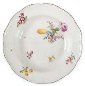 Meissen-Suppenteller, 18. Jh., Buntes Blumenbukett seitl., dunkelbrauner Rand, Altosier, Gebrauchsp