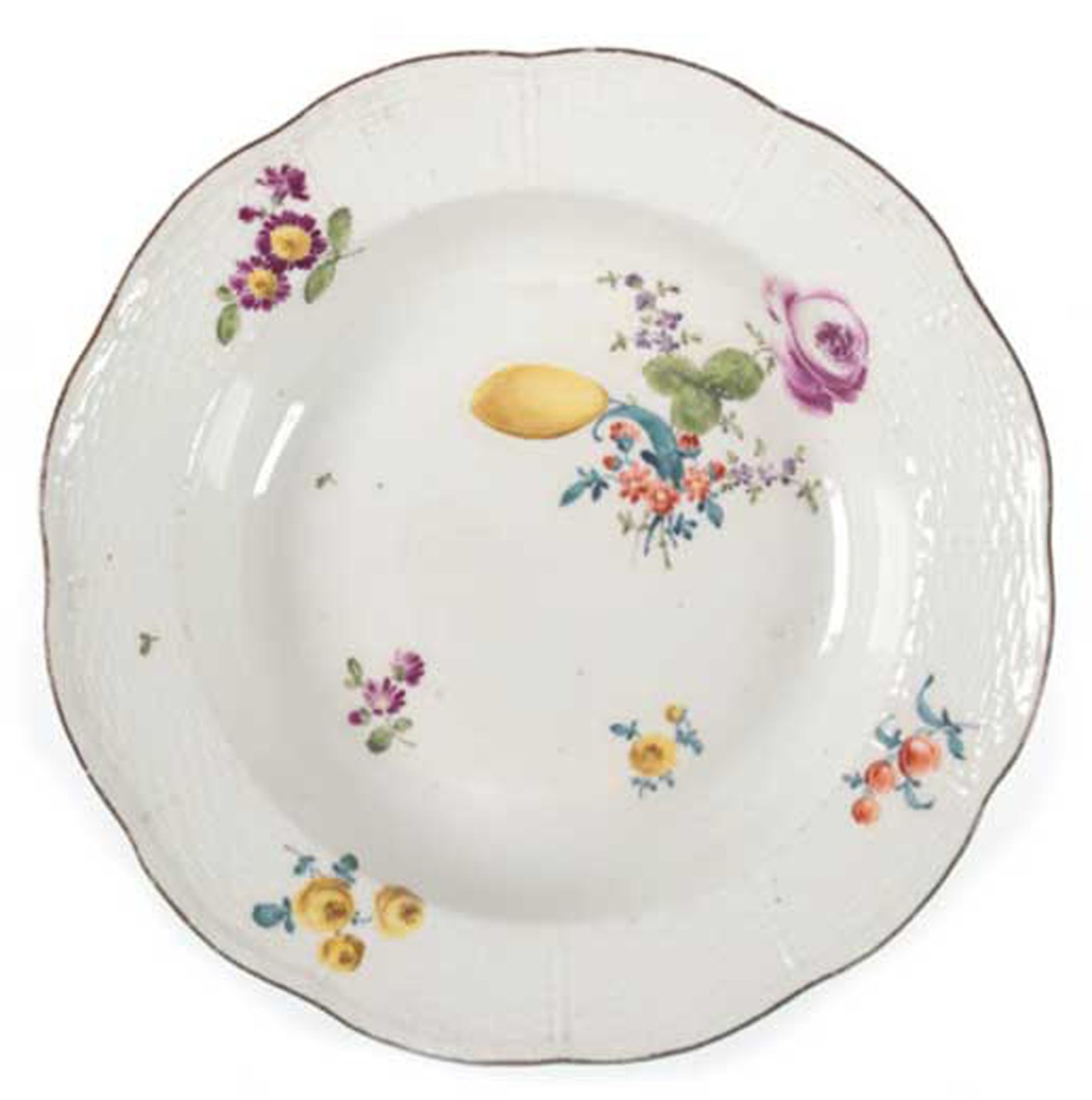 Meissen-Suppenteller, 18. Jh., Buntes Blumenbukett seitl., dunkelbrauner Rand, Altosier, Gebrauchsp