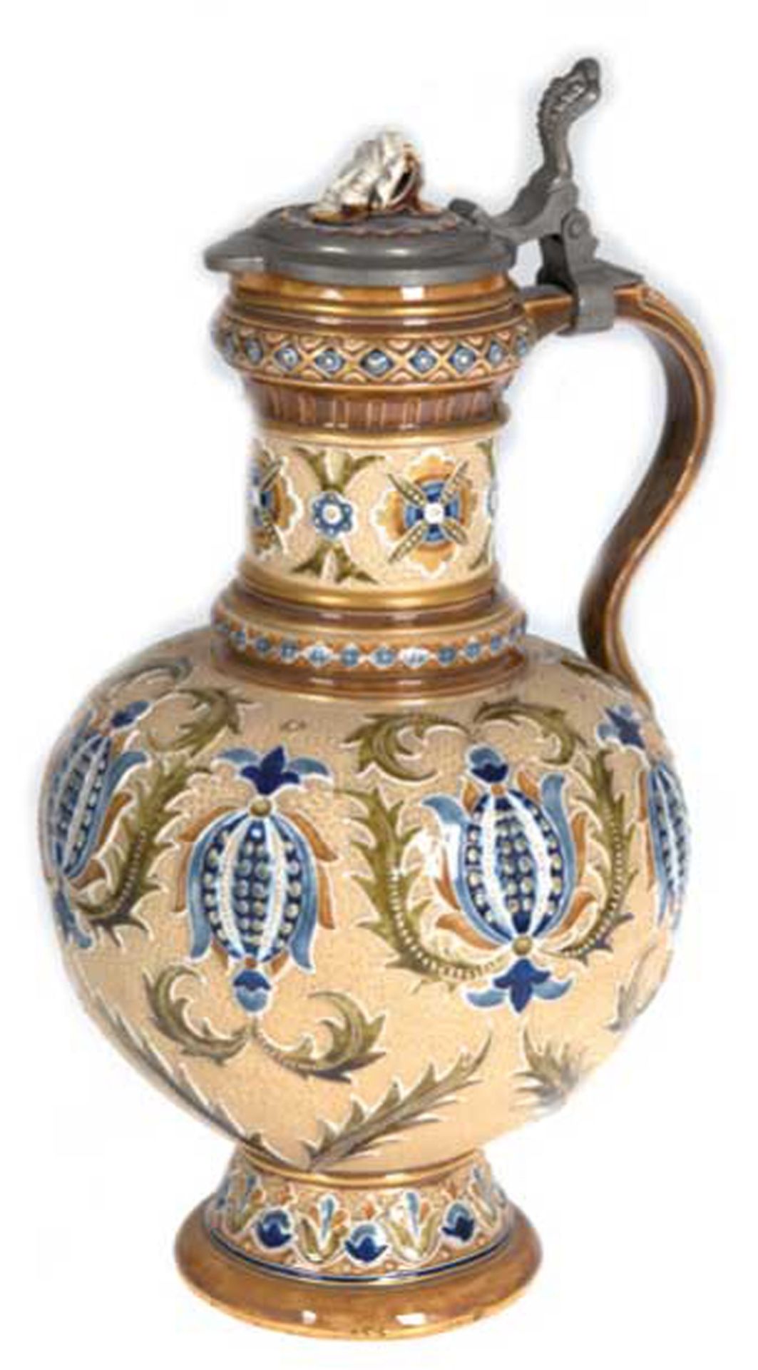 Schenkkanne, um 1900, beiges Steinzeug, ornamental reliefiert und polychrom glasiert, Nr. 1221/4, Z