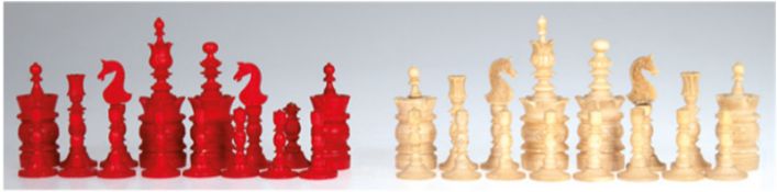 Biedermeier-Schachfiguren, 19. Jh., Bein, rot und beinfarben, roter Läufer beschädigt, kleinere Geb