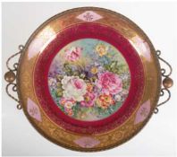 Teller mit Messingmontur, Limoges, L. Yalade, mit reichem Floral- und Golddekor, reliefierter Messi