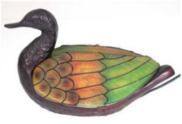 Tischlampe in Form einer Ente im Tiffany-Stil, bronzierter Metallkorpus mit 1 innenliegenden Glühla