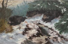 Thede, F.R. "Wildschweine im winterlichen Wald", Öl/Lw., 51x70 cm, Rahmen