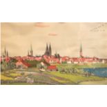 Langhein, Carl (1872 Hamburg-1941 Hadamar) "Stadt Lübeck", Litho um 1920, rückseitig alter Aufklebe