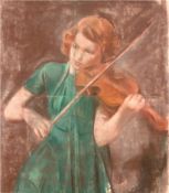 "Mädchen beim Geige spielen", Mischtechnik, unsig., Knickfalten, kl. Farbabplatzungen im unteren Be