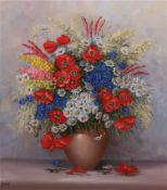 Maler des 20. Jh. "Stilleben mit Feldblumen in Vase", Öl/Lw., undeutl. sign. u.l., 60,5x50 cm, Rahm