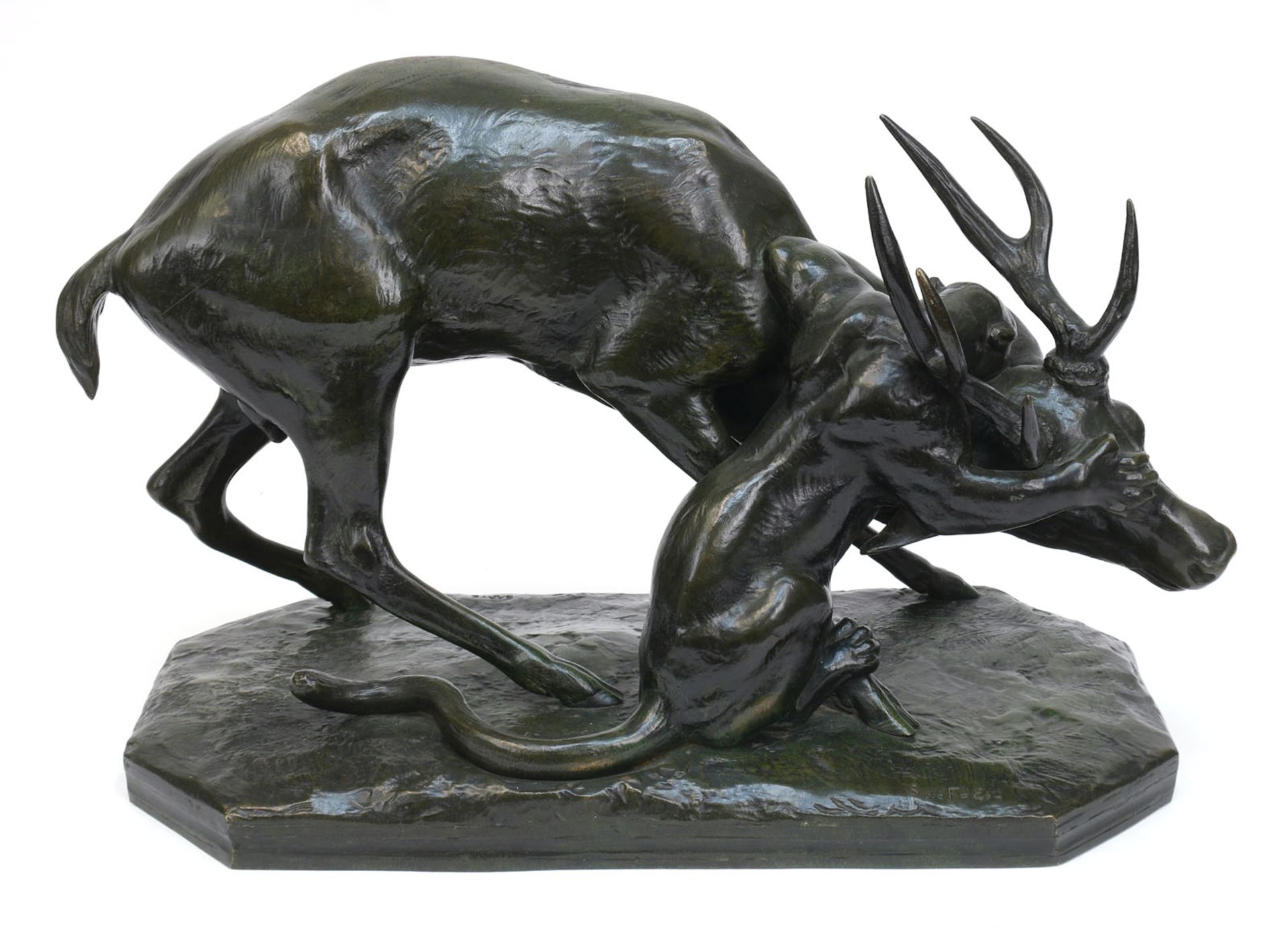 Bronzefigurengruppe "Angreifende Panther mit Hirsch", sign. Antoine-Louis Barye (1796 Paris-1875 eb - Image 2 of 2