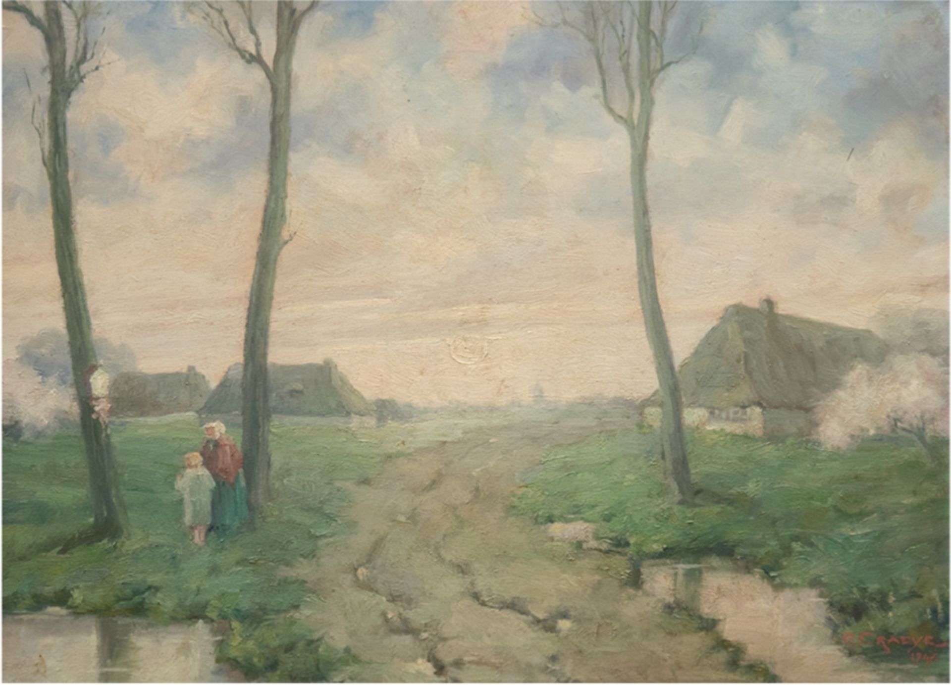 Craeye, E. (Belgischer Maler des 20. Jh.) "Morgenstimmung am Dorfrand", Öl/Holz, sign. u.r. und dat