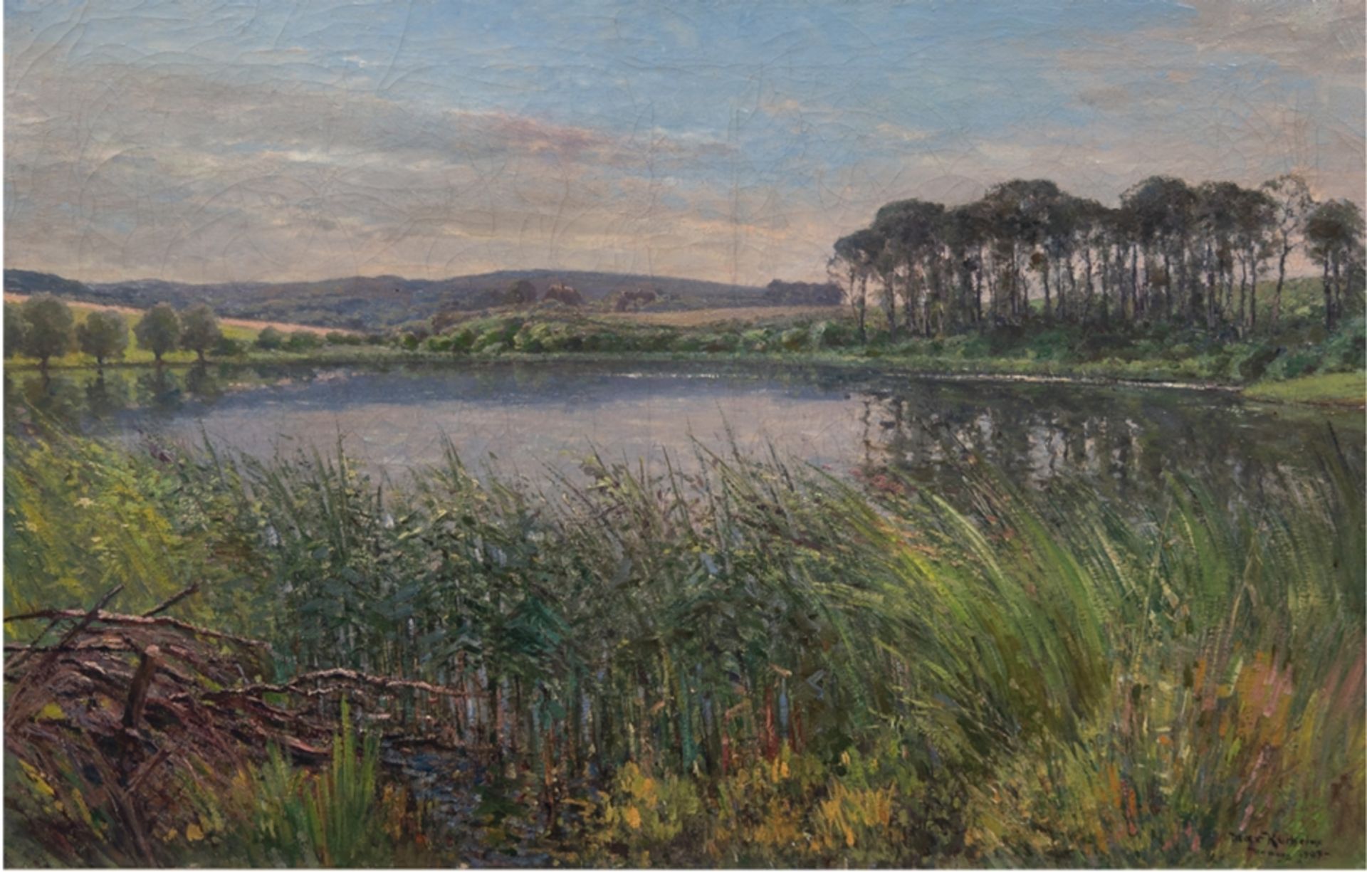 Kuchel, Max (1859 Altona-1933 Klein Flottbek) "Seenlandschaft", Öl/Lw., craqueliert, sign. u.r. und