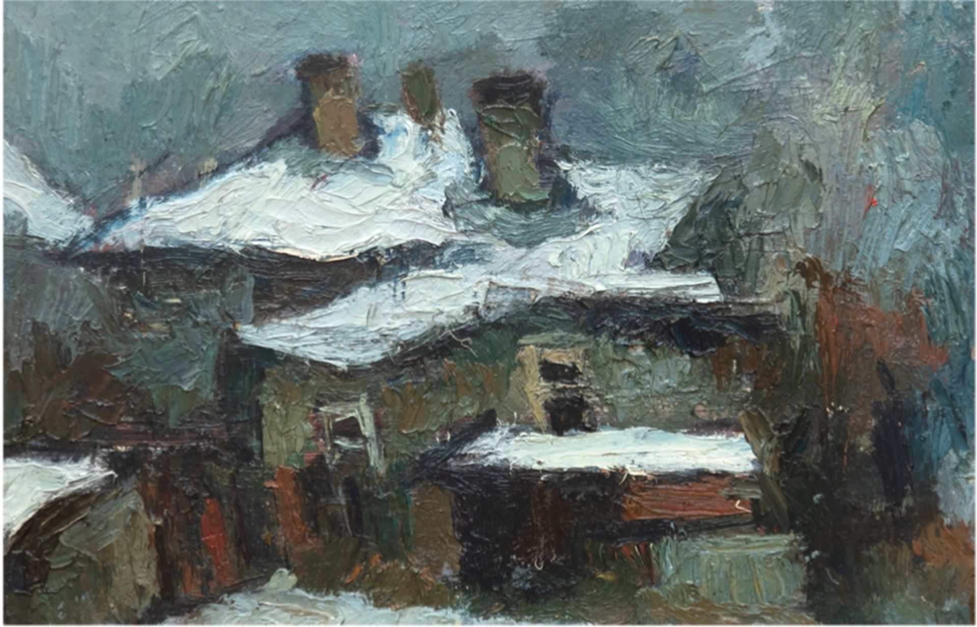 "Häuser mit schneebedeckten Dächern", Öl/Mp., unsign., 24x32 cm, Rahmen