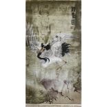 Wandteppich, China, Seide, mit Kranichmotiv, sign., 137x69 cm