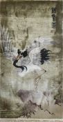 Wandteppich, China, Seide, mit Kranichmotiv, sign., 137x69 cm