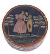 Kleine Spanschachtel, Thüringen um 1860, polychrom gefaßt, Deckel mit gemalter amouröser Szene und 