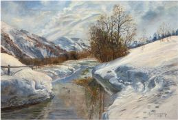 Rasmussen, Karl "Winterlandschaft mit Bachlauf", Öl/Lw., sign. und dat. 1923 u.r., Lw. vom Keilrahm