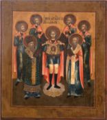 Ikone "Sechs Heilige", 19. Jh. Rußland, Eitempra/Holz, mit Expertise, 26x31 cm