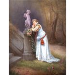 Porzellanbild, Limoges 1901 "Junge Dame in festlichem Gewand steht an einer von Amoretten und Blume