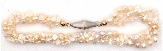 Dreireihiges Armband, echte Biwa-Perlen, Verschluss 585er WG/GG , Länge ca. 20 cm