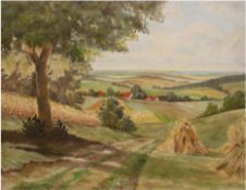 Landschaftsmaler "Holsteinische Sommerlandschaft mit Getreidehocken", Öl/Karton, unsign., 50x59,5 c