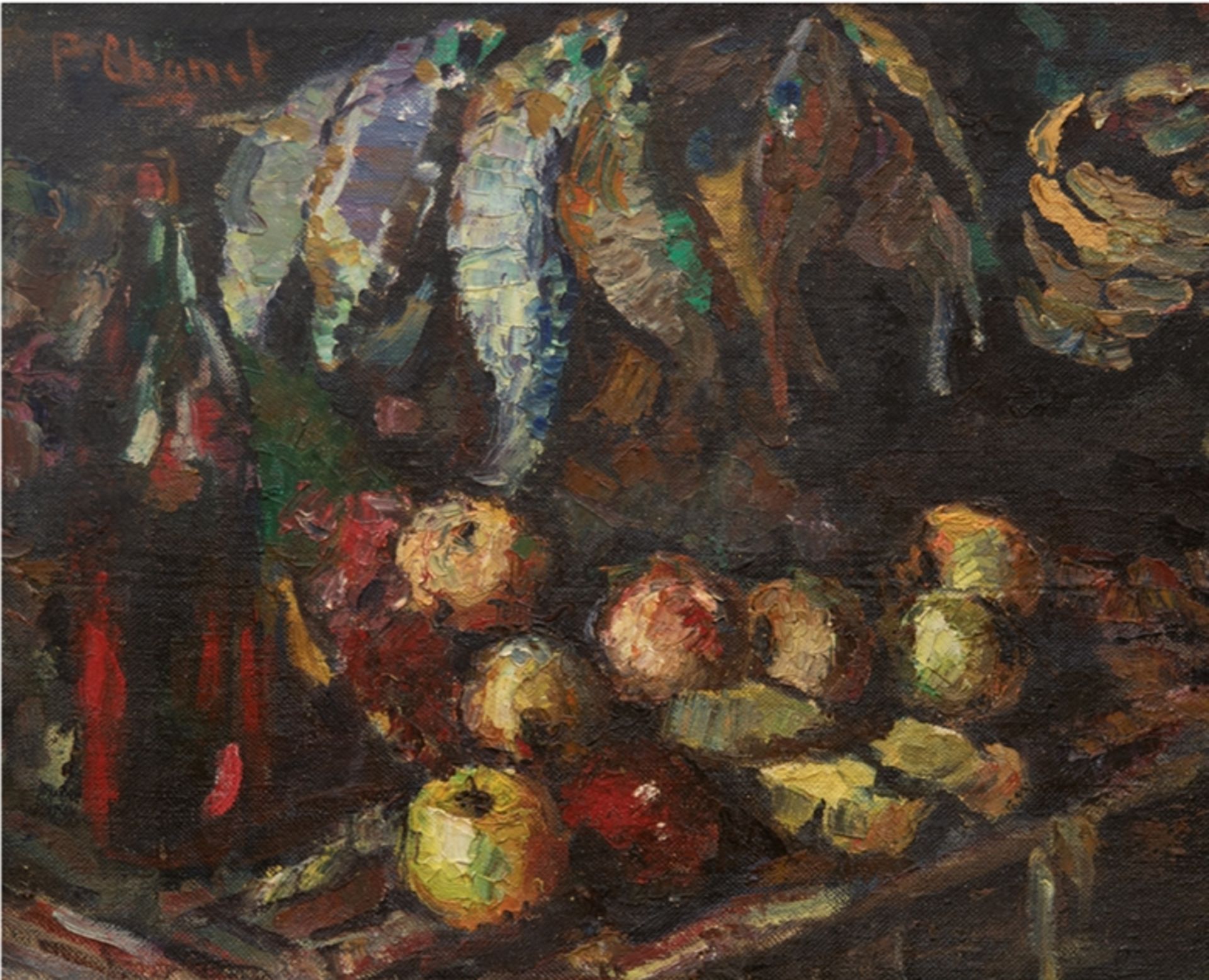 P. Chanet? "Expressives Fischstilleben mit Äpfeln", Frankreich um 1950/60, 50x60 cm, Rahmen