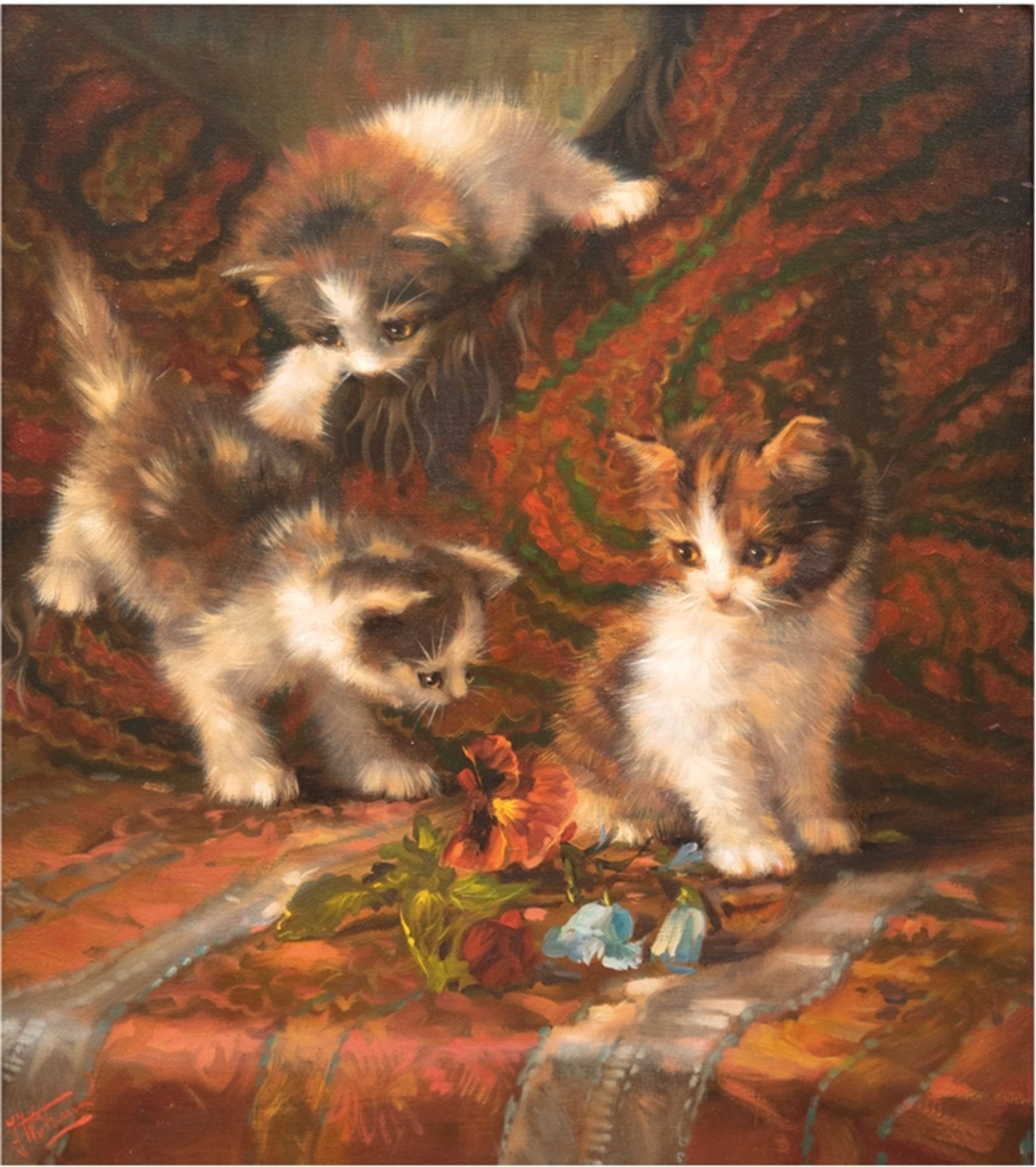 Maler des 20. Jh. "Drei Kätzchen entdecken die Welt", Öl/Lw., undeutl. signiert u.r., 48x38 cm, Rah