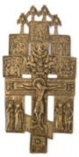 Orthodoxes-Kreuz "Jesus am Kreuz und verschiedene Heiligendarstellungen", Messing, figürlich relief