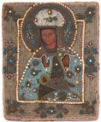 Ikone 19. Jh. "Gottesmutter mit Christus", Eitempera/Holz, eingefasst in Stoff-Oklad mit Schmuckste