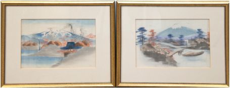 2 Bilder Seidenmalerei "Fujiyama", je 21x29 cm, im Passepartout hinter Glas und Rahmen