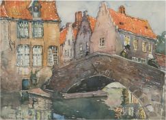 Preussner, Else (1889-1954) "Altstadt mit Brücke", Mischtechnik, sign. u.l., 26x340 cm, im Passepar