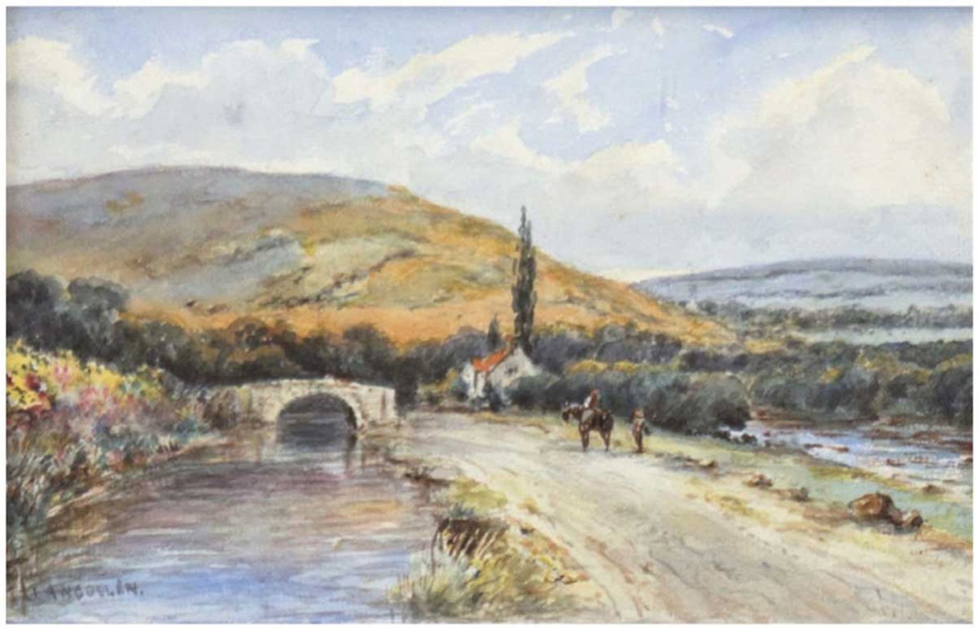 Maler des 20. Jh. "Flußlandschaft mit Steinbrücke", Aquarell, unleserl. signiert u.l., 14x21 cm, hi