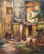Impressionist 20. Jh. "Holzschuppen am Haus", Öl/Mp., undeutlich sign. u.r., 51x41 cm, Rahmen, rück