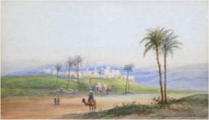 Jara, A. (Orientmaler des 20. Jh.) "Orientalische Landschaft mit Stadt und Kamelreitern" Aquarell, 