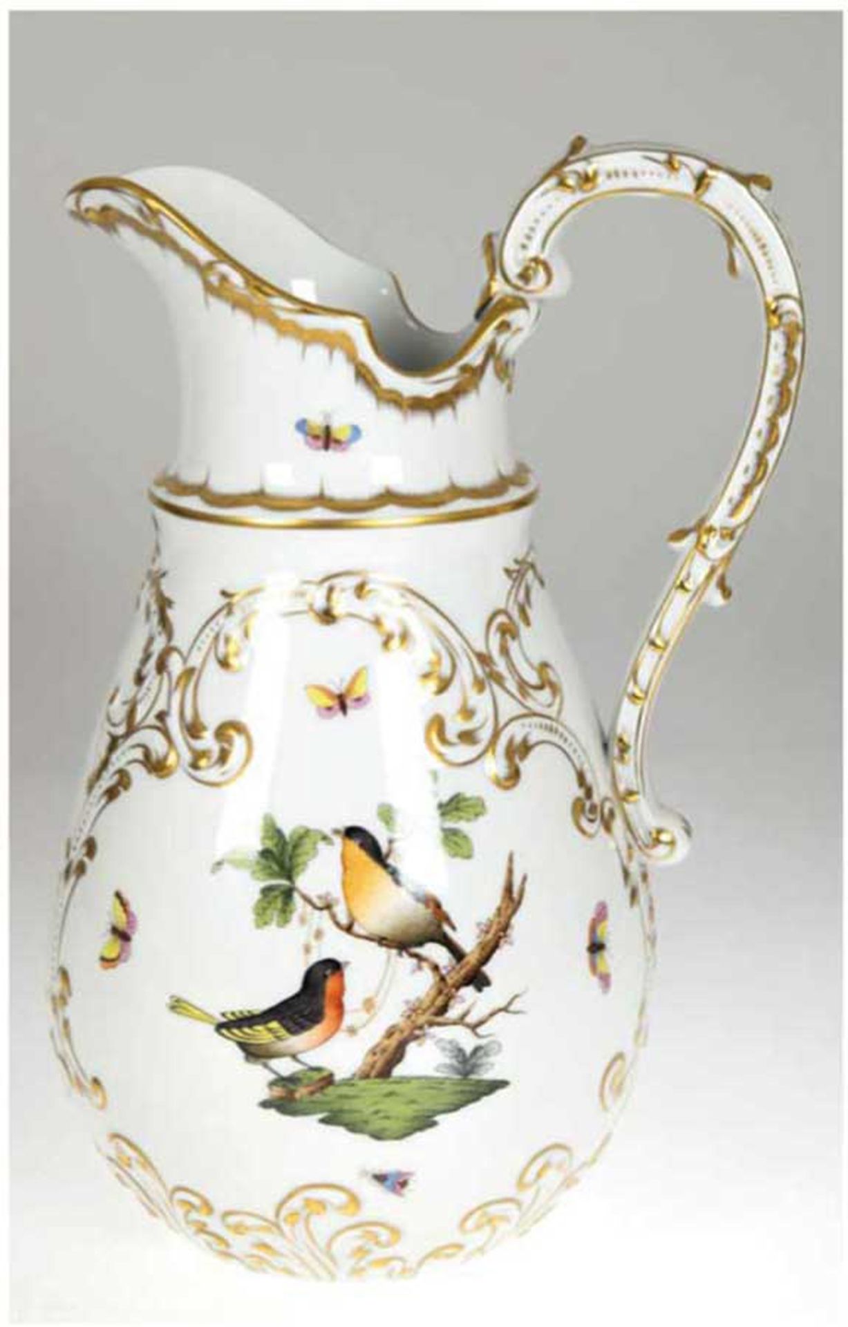 Große Wasserkanne, Herend, Rothschild, polychrome Vogelmalerei und Goldstaffage, H. 36 cm