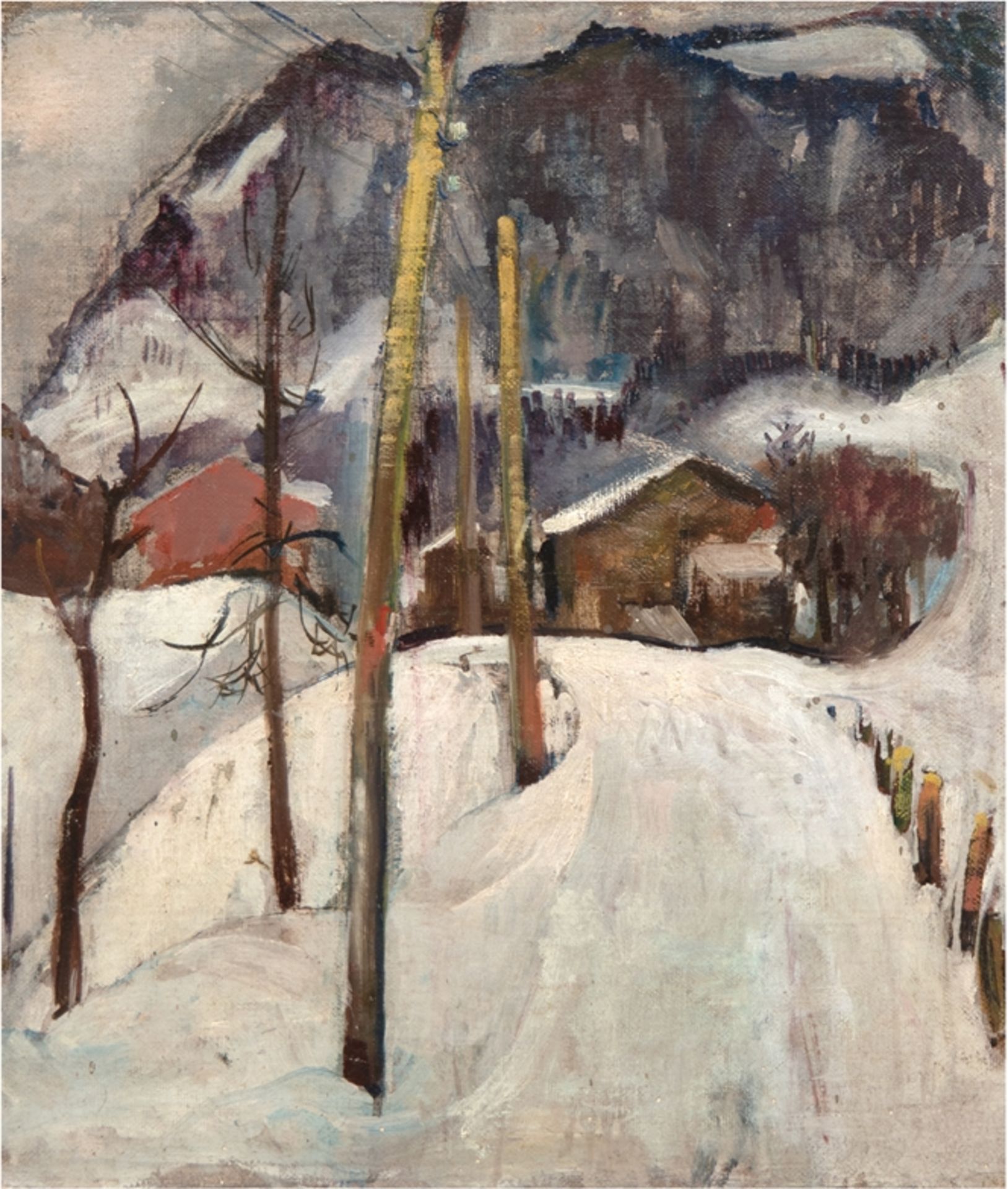 Landschaftsmaler "Expressionistische Winterlandschaft", Öl/Lw./Holzpaneel, 50x43 cm, ungerahmt