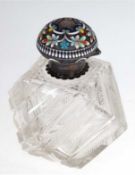 Karaffe, um 1910, polyedrischer Kristallkorpus mit 925er Silberdeckel, floraler Emaildekor, Stopfen