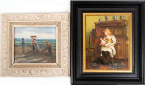 2 div. Gemälde, Horn (20. Jh.) "Mädchen mit Puppe auf Stuhl sitzend", Öl/Holz, sign. u.r., 24x19 cm