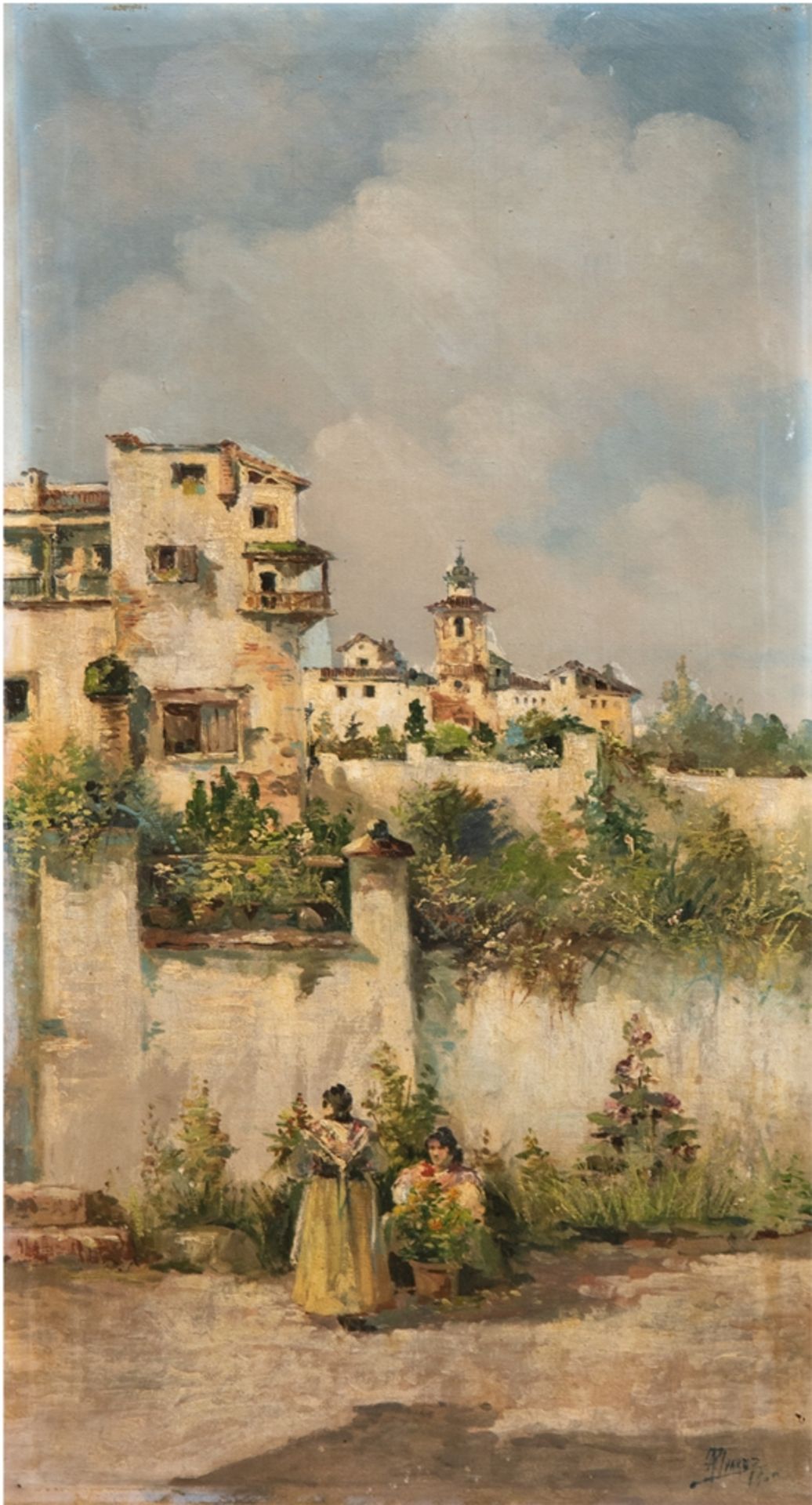 Alvarez (spanischer Maler des 19. Jh.) "Spanisches Dorf", Öl/Lw., sign. u.r. und dat. 1900, 60x30 c