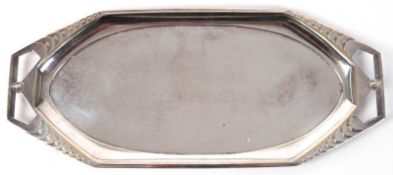 Jugendstil-Tablett, WMF, Straußenmarke, ca. 1910-1925, Messing, versilbert, längliche 8-eckige Form