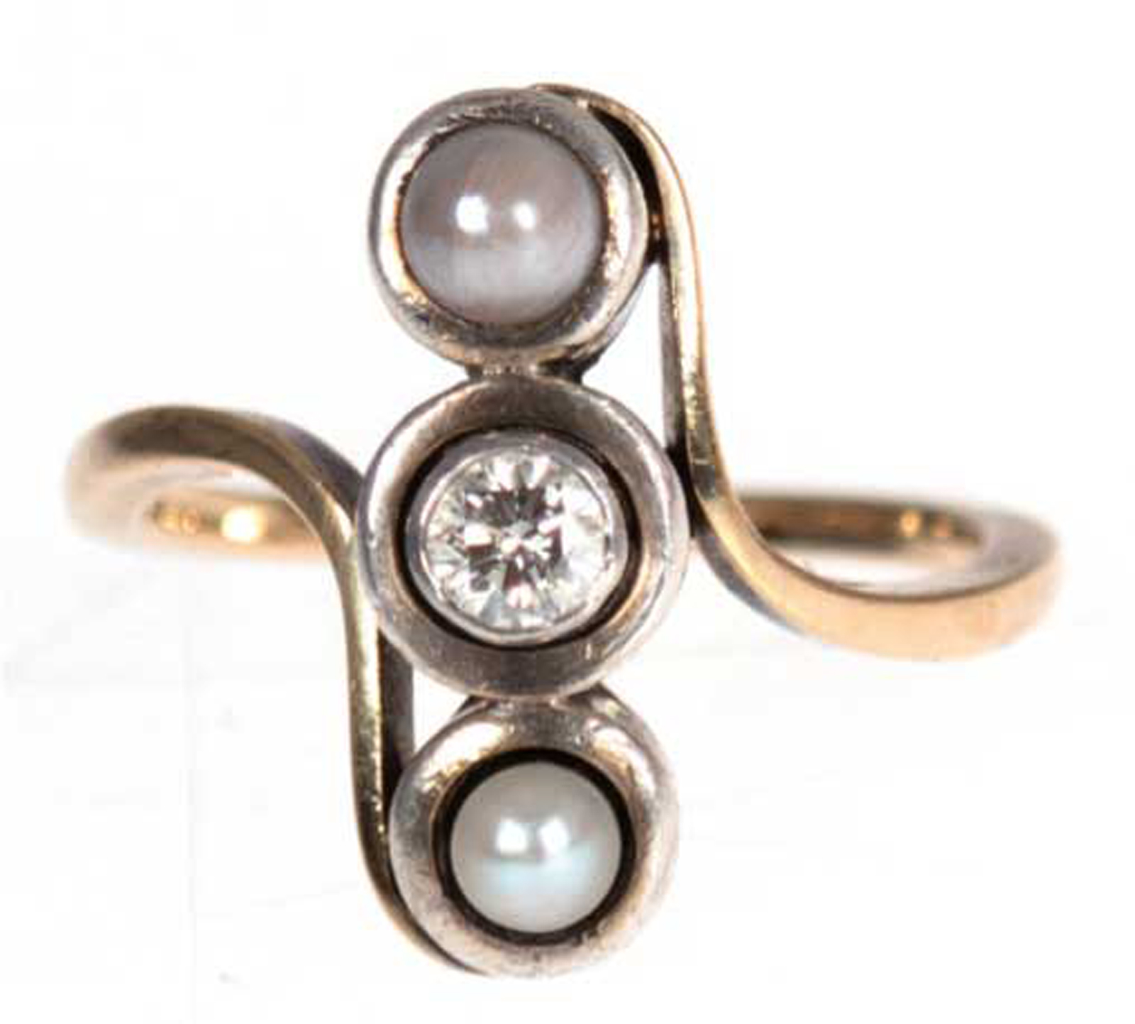 Art-Deco-Ring, 585er GG, punziert, besetzt mit Brillant von ca. 0,25 ct und 2 Perlen, RG 56,5, im E