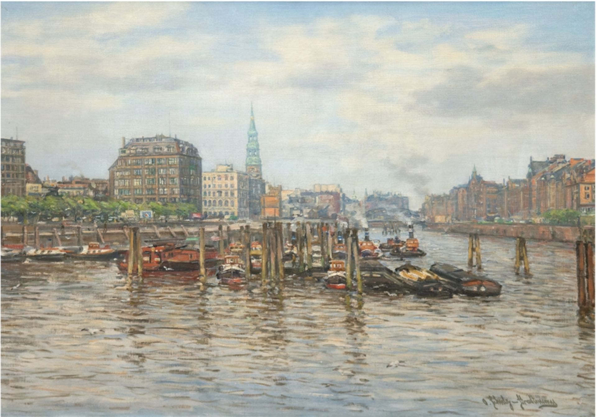 Schulz-Stradtmann, Otto  (1892 Hamburg-1960 Hamburg) "Hamburger Hafen mit Blick auf den Michel", Öl
