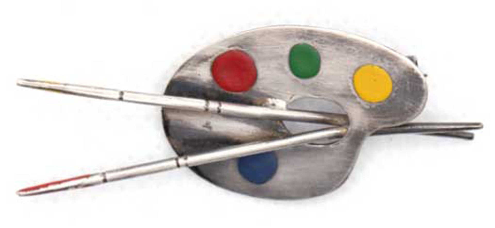 Brosche in Form einer Malerpalette mit 2 Pinseln ca. 1920, 835er Silber, farbige Emaille