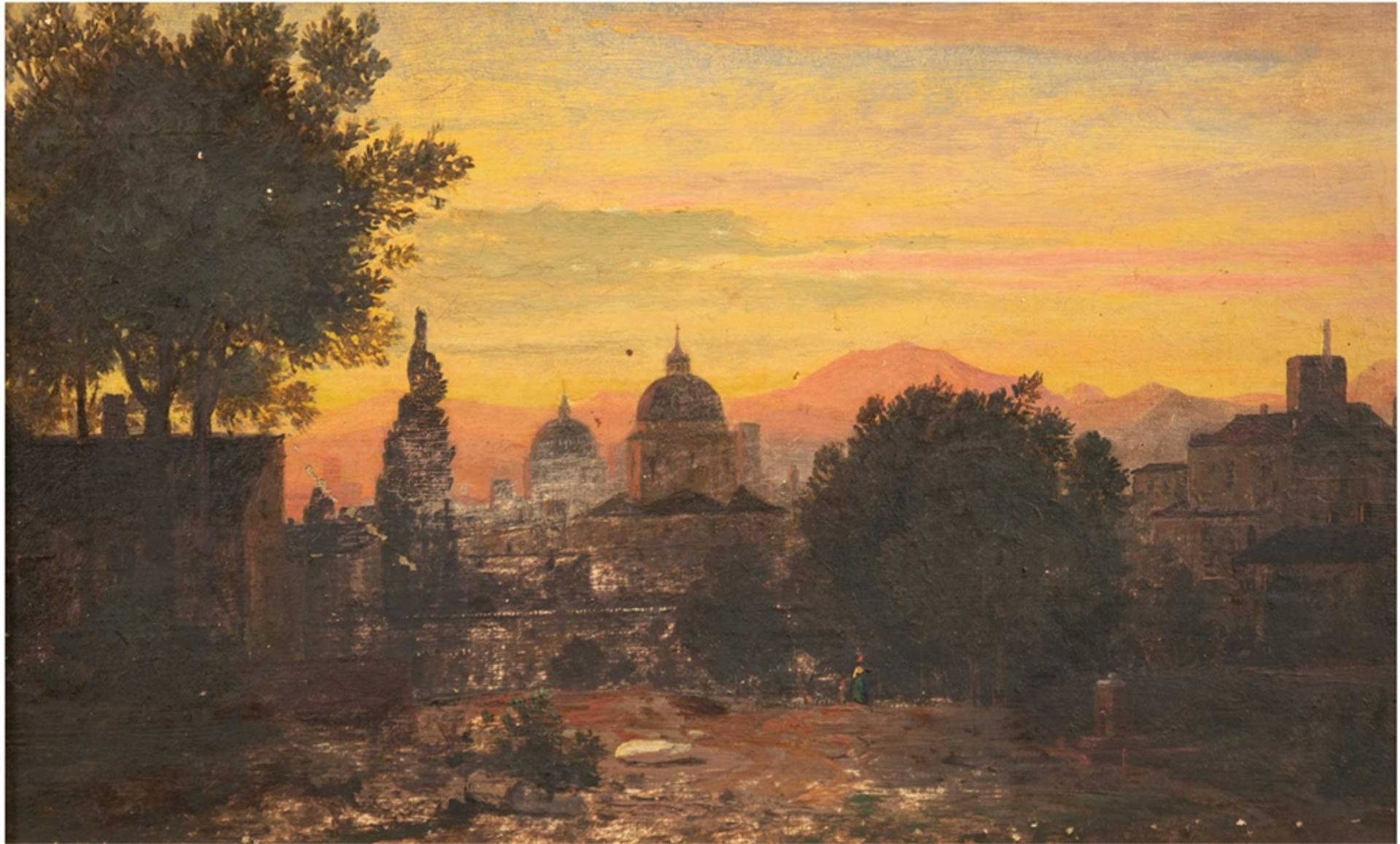 Maler des 19. Jh. "Blick auf Rom im Licht der aufgehenden Sonne", Öl/Lw. unsigniert, Farbkratzer,