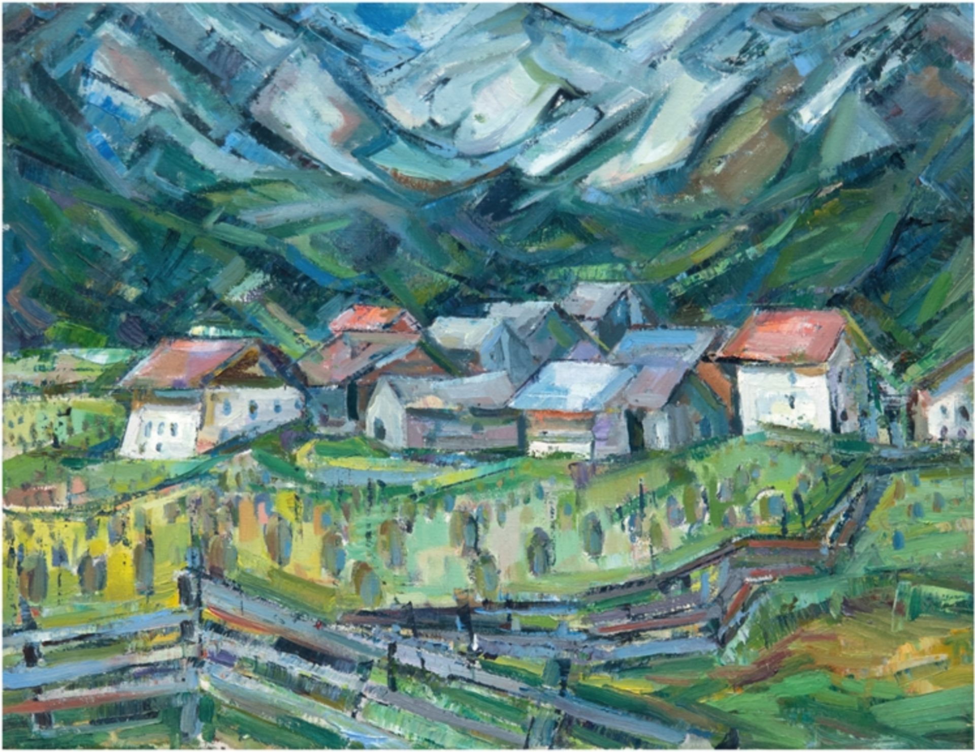 Landschaftsmaler "Alpendorf", Öl/Lw., unsign., verso bezeichnet "Steinhagen", 50x61 cm, ungerahmt