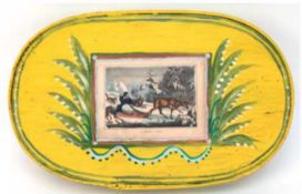 Deckel einer Hutschachtel 19. Jh., ovale Form, farbig gefasst, auf Deckel "Ein Lappländer im Schlit