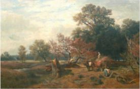 Thomassin, Desire (1858 Wien- 1933 München) "Reisigsammlerinnen mit Ochsengespann in Waldlandschaft