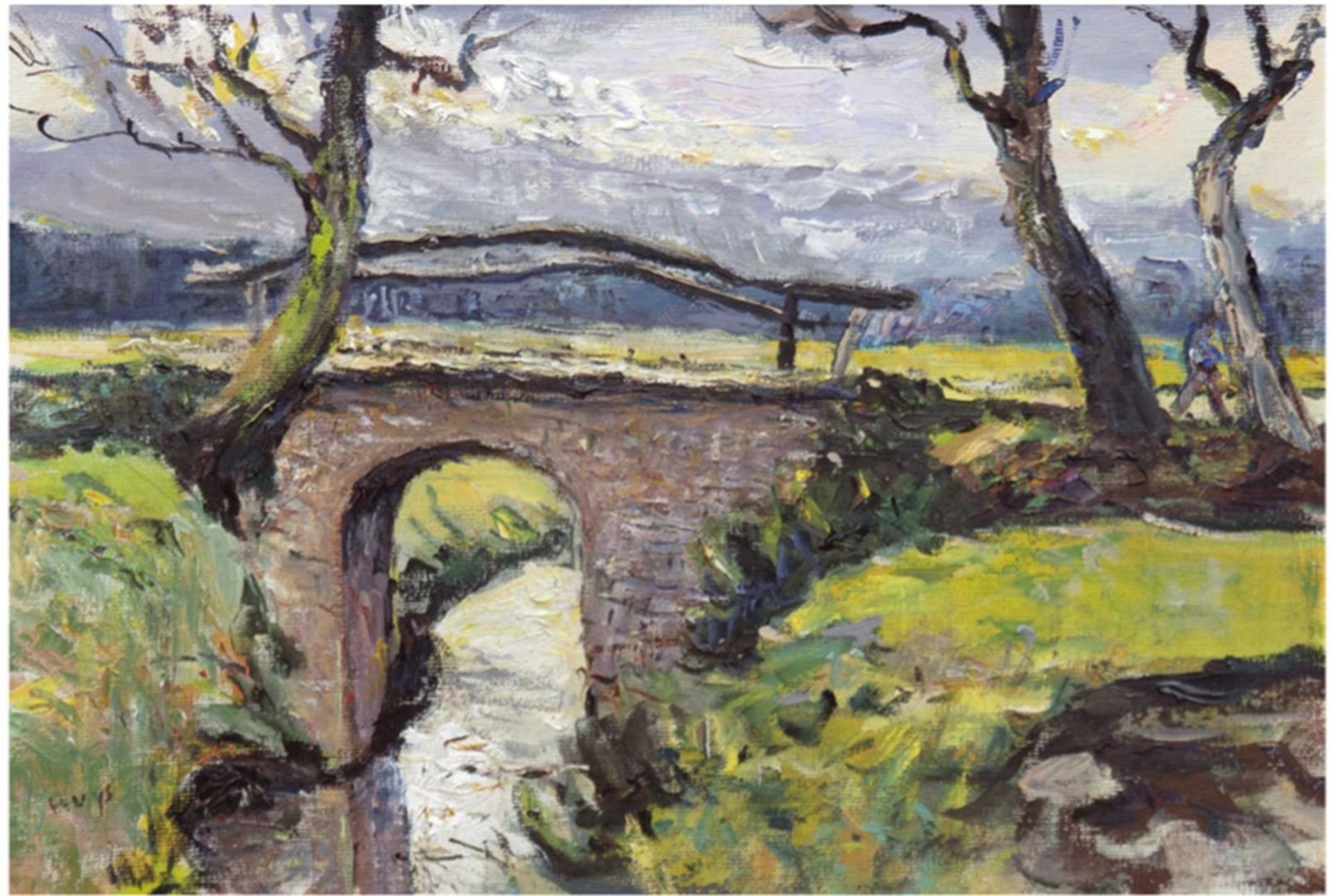 Huys, Bernhard (1896 Oesede-1973 Worpswede) "Brücke am Bach", Öl/Lw., sign. u.l., 31x40,5 cm, Rahme
