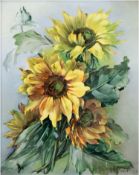 Rosenthal-Porzellanbild "Nr. 1 Sonnenblumen", Öl/Porzellan, unleserl. signiert u.r., rücks. bezeich